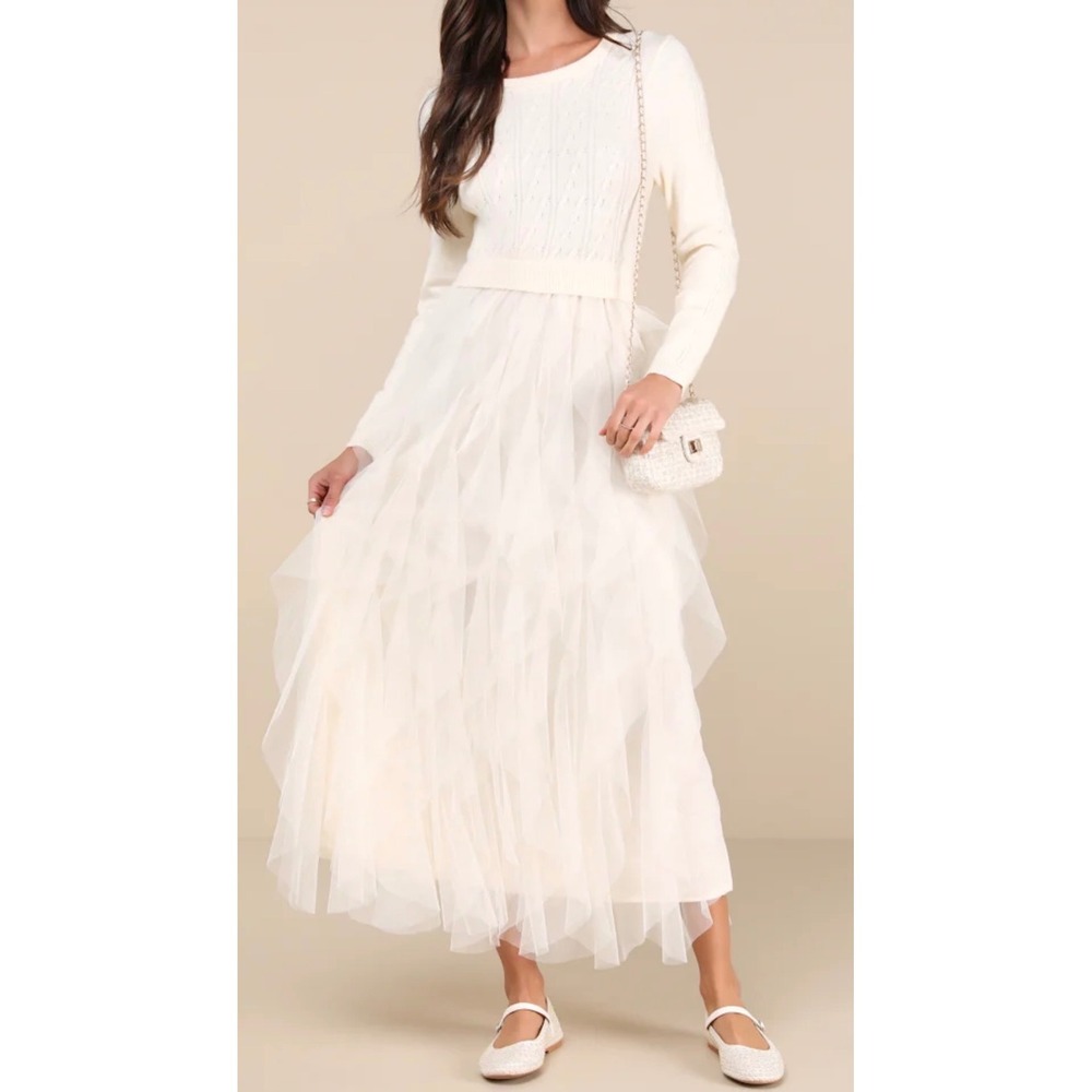 NWOT Lulus Size Small Ultimate Beauty Ivory Cable Knit Ruffled Tulle Maxi Dress